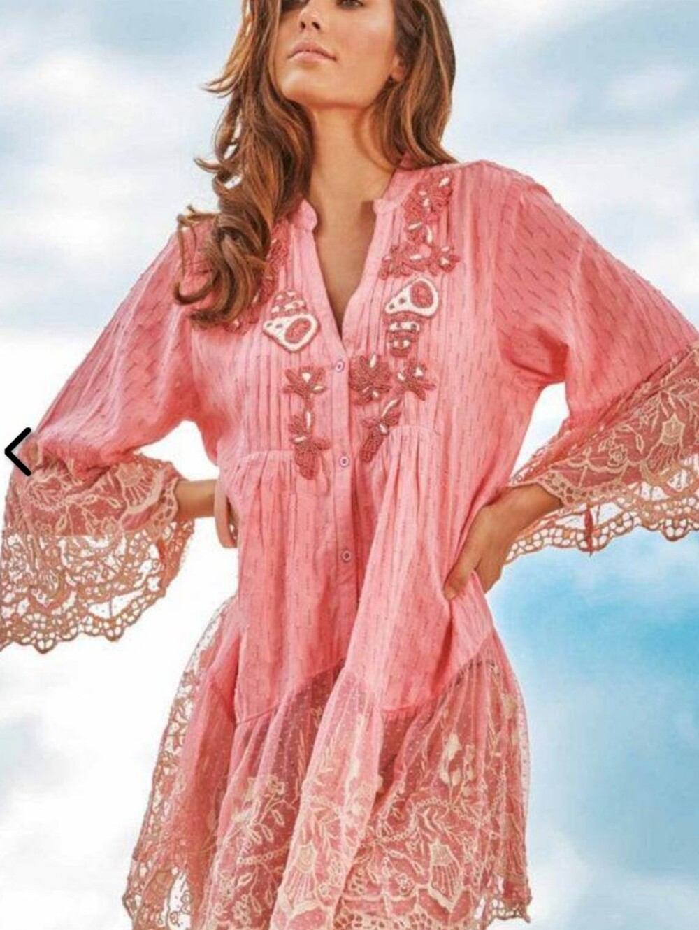 Iconique, Embroidered Pink Lace Tunic Top
